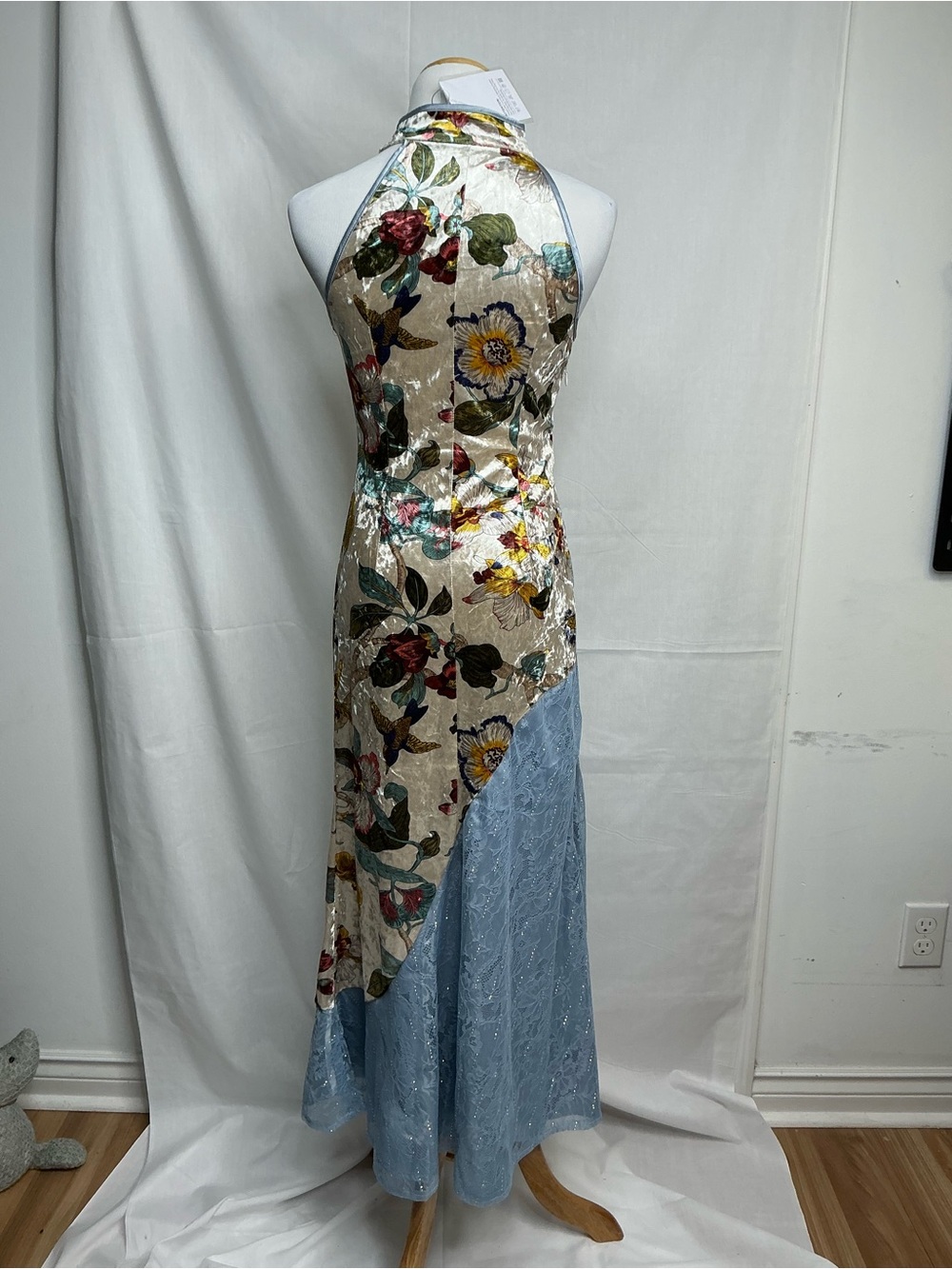 2067 - One-Shoulder Blue & Floral Bias Maxi Dress - Picture 3 of 10